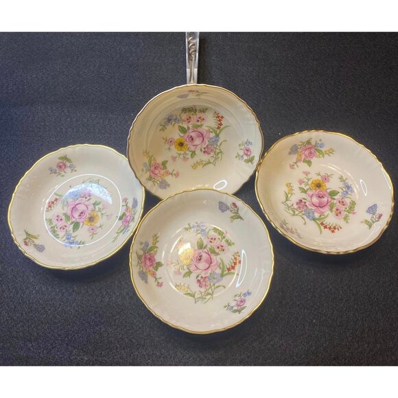 4 Berry Bowls PORTLAND Syracuse China Excellent Condition Gold Rims Floral Desig - Picture 1 of 6